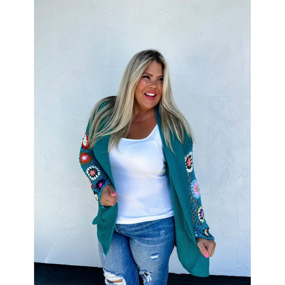 Gypsy Crochet Long Sleeve Fall Granny Square Cardigan in Teal